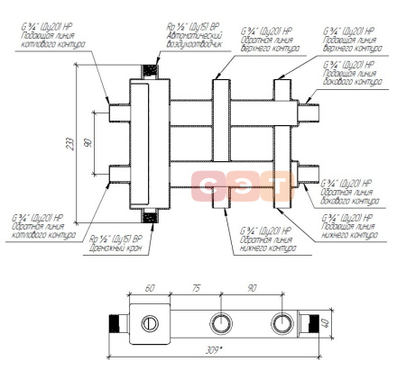 Балансировочный коллектор из нерж. стали BMSS- 40-3D   (2 контура вниз/вверх и 1 в сторону)